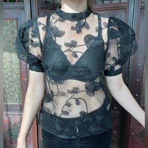 Black see through elegant Lace Puff sleeve Top Small